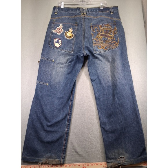 Gino Green Global Men Dark Wash Patched Embroidered Denim Jean Y2K Jeans Size 36 - Picture 12 of 13